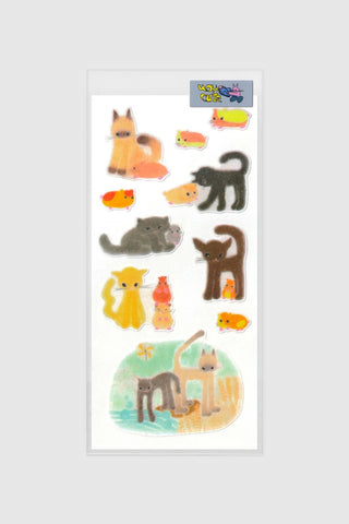 Sheet of cat and hamster stickers, colorful animal cartoon cutouts on white backing