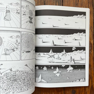 Illustrated cheat sheets open spread with paper craft shapes and star clusters