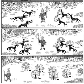Illustrated cheat sheets open page with dog drawings and concentric target rings