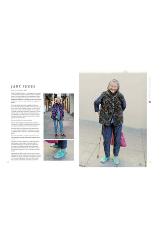 Person wearing a patterned coat and blue shoes with text on the left side.
