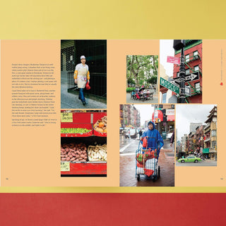 Collage of street scenes with people on a yellow and red background.