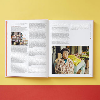 Open book on a yellow background with text and a photo of an elderly woman.