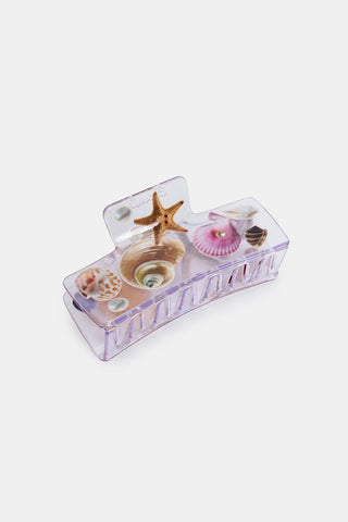 Clear box claw clip with seashell, starfish, and purple accents