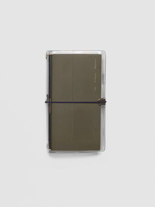 Brown/olive travel cover with exterior elastic bands and clear front pocket