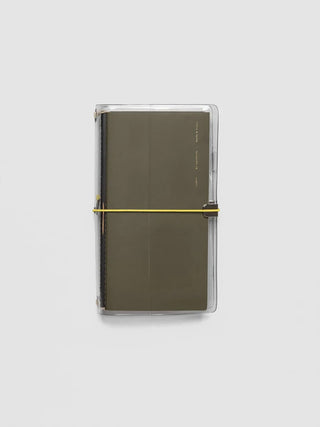 Brown/olive travel cover with black exterior band and yellow accent stripe