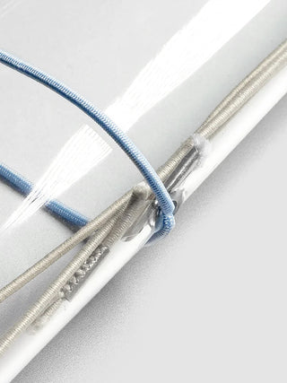 Close-up of blue and beige elastic bands with silver metal rings