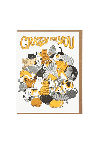 Card with illustration of cats and 'Crazy for You' text on a white background