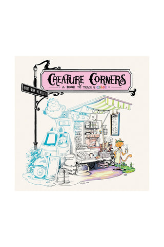 Cover of 'Creature Corners' coloring book with illustration of a corner store and sign.