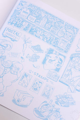 Page of coloring book with various postal-themed illustrations on a white background