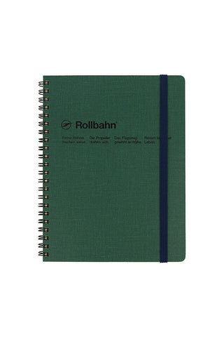 Large green spiral notebook with Rollbahn logo and fabric cover, blue spine edge