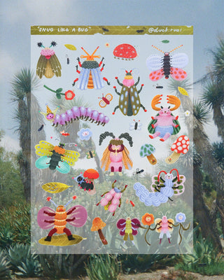 Sticker sheet of bugs and other nature elements on a background of trees
