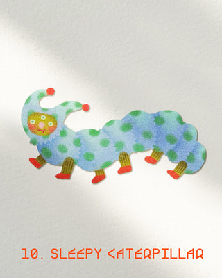 Colorful caterpillar sticker on a white background with text '10. Sleepy Caterpillar'.