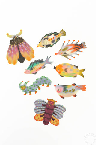 Colorful stickers of different fish and bugs 