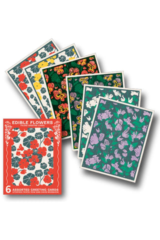 Set of 6 assorted greeting cards with floral designs on a white background