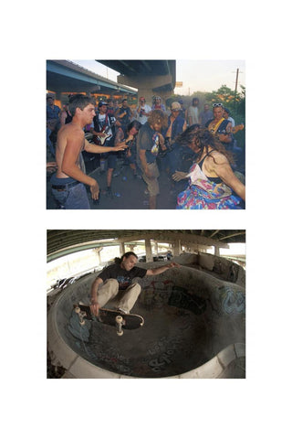 Top image: Crowd gathered around musicians. Bottom image: Person skateboarding inside a concrete structure.