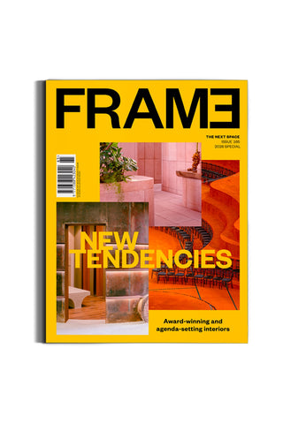 Magazine cover titled 'FRAME' with interior design images and text on a yellow background
