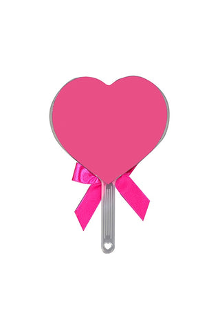 Heart-shaped pink card fan with a silver handle on a white background