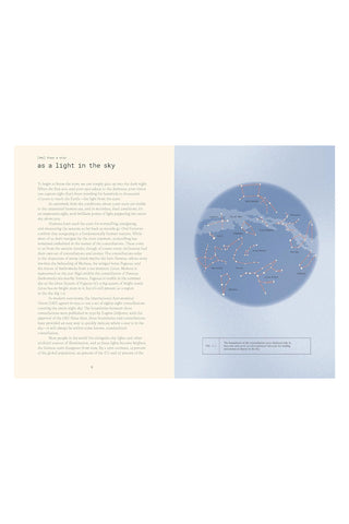 Book page with star constellation illustration and text on a white background