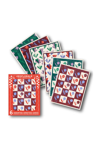 Set of greeting cards with colorful floral patterns on a white background