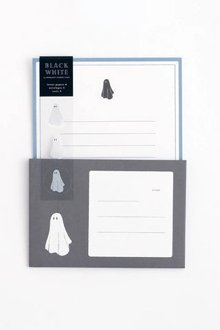 Ghost letter set with lined cards, ghost icons, and dark gray envelopes