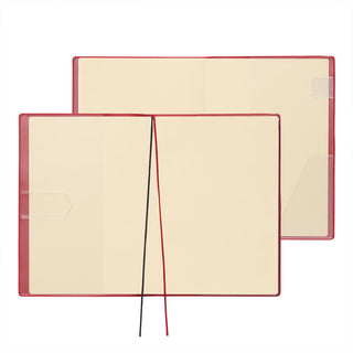 Opened planner interior to show design. Features ribbon bookmarks, pen loop, and corner pocket for small items