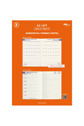 An A5 left horizontal format planner, featuring a bright orange cover with white and blue printed calendar and weekly layout previews.