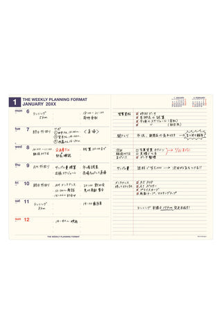 A weekly planner page featuring a layout with columns for Monday through Sunday, lined writing sections, and a small calendar at the top right.