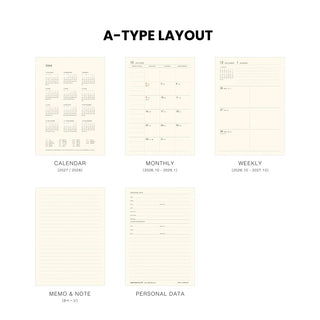 A-type layout planner set shown on a white background, featuring pages with sections: calendar, monthly, weekly, memo & note, and personal data. The title 'A-TYPE LAYOUT' appears at the top.