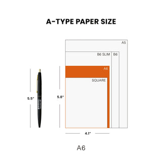 A size diagram labeled 'A-TYPE PAPER SIZE' showing an A6 paper sheet with dimensions 4.1 x 5.