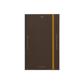A dark brown planner with orange elastic closure band and gold foil text, shown flat against a solid white background.