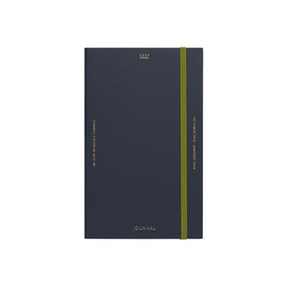 A dark navy blue hardcover journal with a vertical olive green elastic closure band and gold foil text details, shown on a white background.