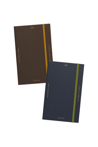 Two planners on a white background, one in dark brown with an orange/yellow band and the other in dark navy blue with a yellow-green band. Both feature gold foil text at the top and bottom.