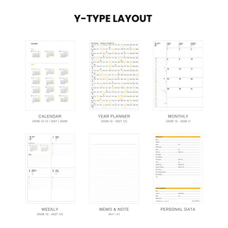 A Y-type layout planner set shown on a white background, with six pages arranged in a grid under the heading 'Y-TYPE LAYOUT'. The pages include a calendar, year planner, monthly view, weekly view, memo & note, and personal data sections.