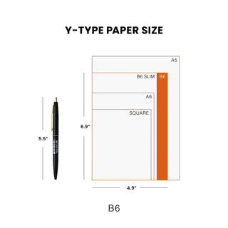 A size diagram labeled 'Y-TYPE PAPER SIZE' showing a black pen next to different notebooks for size comparison