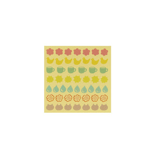 sheet of decorative stickers with rows of illustrated motifs, including flowers, ducks, cups, suns, raindrops, and cats