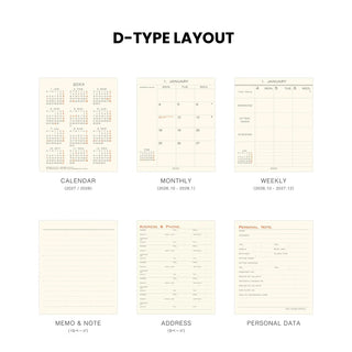 A D-type layout planner page set shown on a white background, with the heading 'D-TYPE LAYOUT' at the top. The set includes a calendar, monthly view, weekly view, lined memo and address pages, and a personal data sheet.