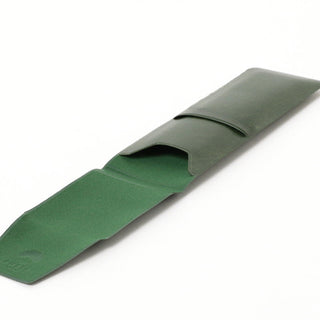 Opened green pen case with Beams Japan logo on a white background