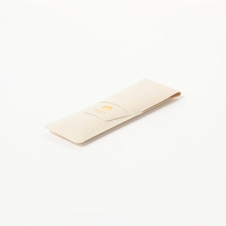 Side angle of white pen case with Beams Japan logo on a white background