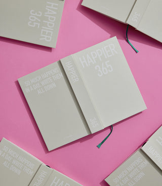 Open book titled 'Happier 365' on a pink background