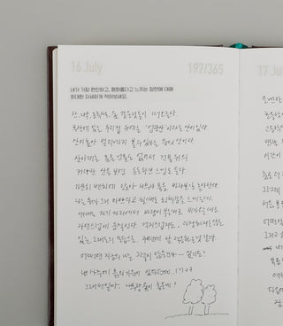 Open notebook with handwritten text and a small drawing on a plain background