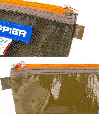 Olive green pouch with orange zipper on a white background