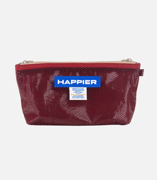 Burgundy mesh pouch with 'HAPIER' label on a white background