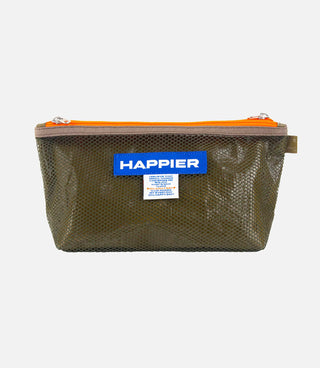 Green mesh pouch with orange zipper and 'Happier' label on a white background