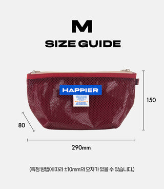 Red pouch with 'Happier' branding and size guide measurements on a white background