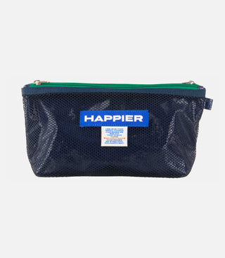 Navy mesh pouch with green interior and 'Happier' branding on a white background
