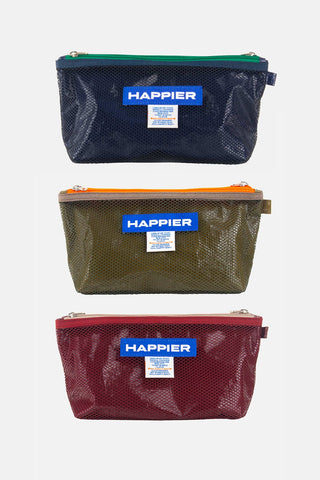 Three mesh pouches in navy, green, and burgundy with 'Happier' branding on a white background.