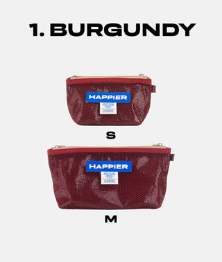 Two burgundy bags with 'Happier' label on a white background, labeled S and M.