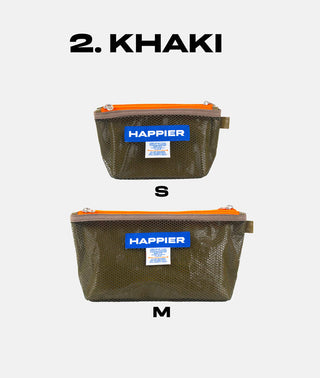 Two mesh pouches in khaki with orange zippers and 'Happier' branding on a white background.
