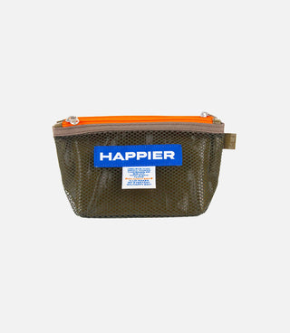 Small khaki pouch with orange zipper and 'Happier' branding on a light gray background