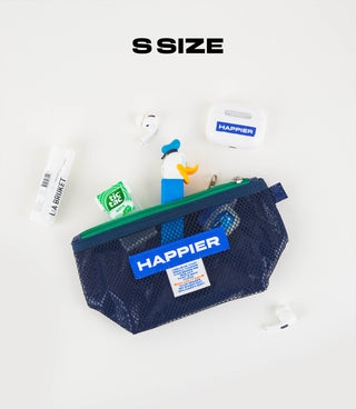 Small blue pouch with 'Happier' branding on a white background